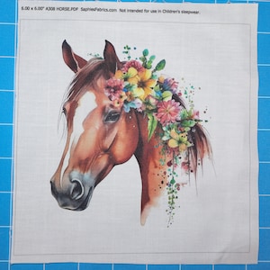 Floral Horse 100% Cotton Fabric Panel Block | Small Sewing Quilting Square A308