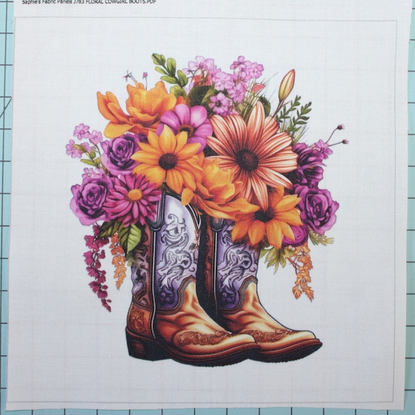 Floral Cowboy Boots 100% Cotton Fabric Panel Square - Small Sewing Quilting Block J783