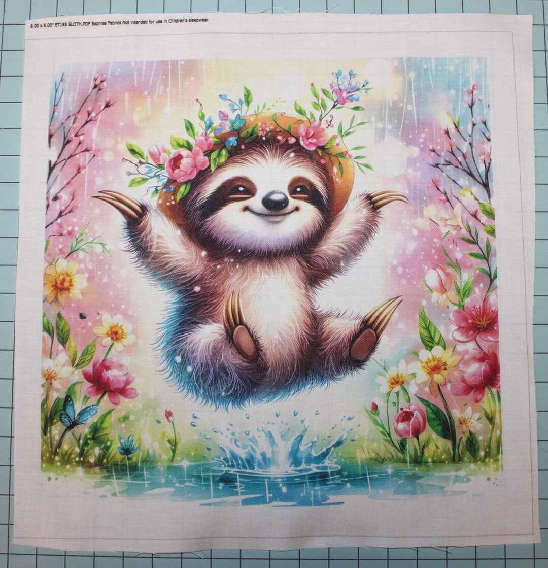 Fantasy Sloth 100% Cotton Fabric Panel Square Small Sewing Quilting ...