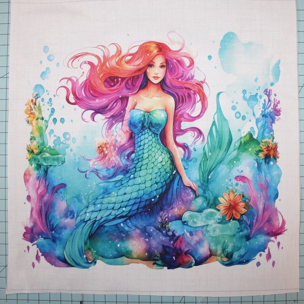 Watercolor Mermaid 100% Cotton Fabric Panel Square - Small Quilting Sewing Block L867