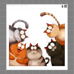 May include: A fabric panel featuring five cartoon cats with wide eyes and expressive faces. The cats are orange, black, grey, and brown, arranged in a group against a white background. The text SaphiesFabrics.com 100% Cotton is printed at the top.