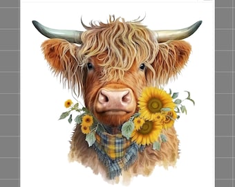 Highland Cow Sunflowers 100% Cotton Fabric Panel Block Quilt Square B43