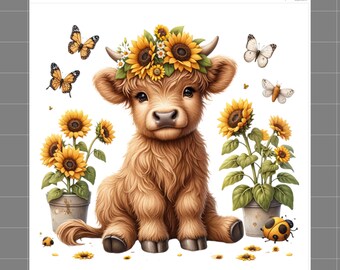 May include: A digital illustration of a Highland cow calf adorned with a sunflower crown, surrounded by sunflowers and butterflies. The calf has brown fur and is sitting. The image includes the text "SophiesFabrics.com 100% Cotton".