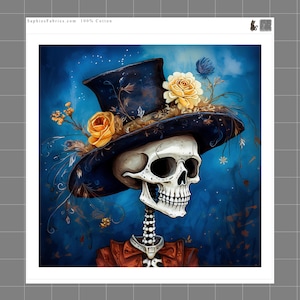 May include: Illustration of a skeleton wearing a top hat adorned with yellow roses and other floral elements. The skeleton has a red jacket and a white collar. The background is a deep blue with gold accents. The text "SophiesFabrics.com 100% Cotton" is in the upper left corner.
