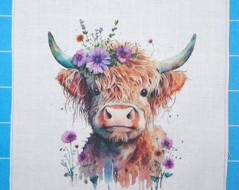 Floral Highland Cow 100% Cotton Fabric Panel Block | Small Quilting Sewing Square A250