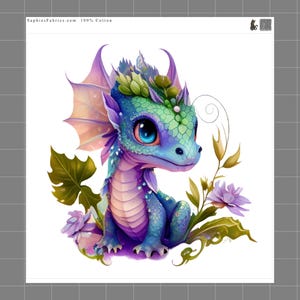 May include: A fabric print featuring a small, blue and green dragon with large, expressive blue eyes, purple wings, and a light purple underbelly. The dragon is surrounded by green leaves and purple flowers. Text reads SaphiesFabrics.com 100% Cotton.