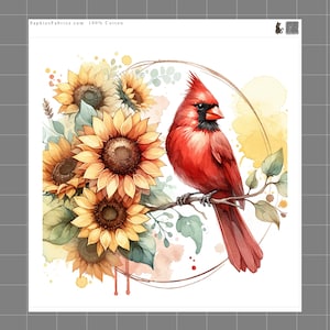 Sunflower Cardinal 100% Cotton Fabric Panel Block | Small Sewing Quilting Square P131