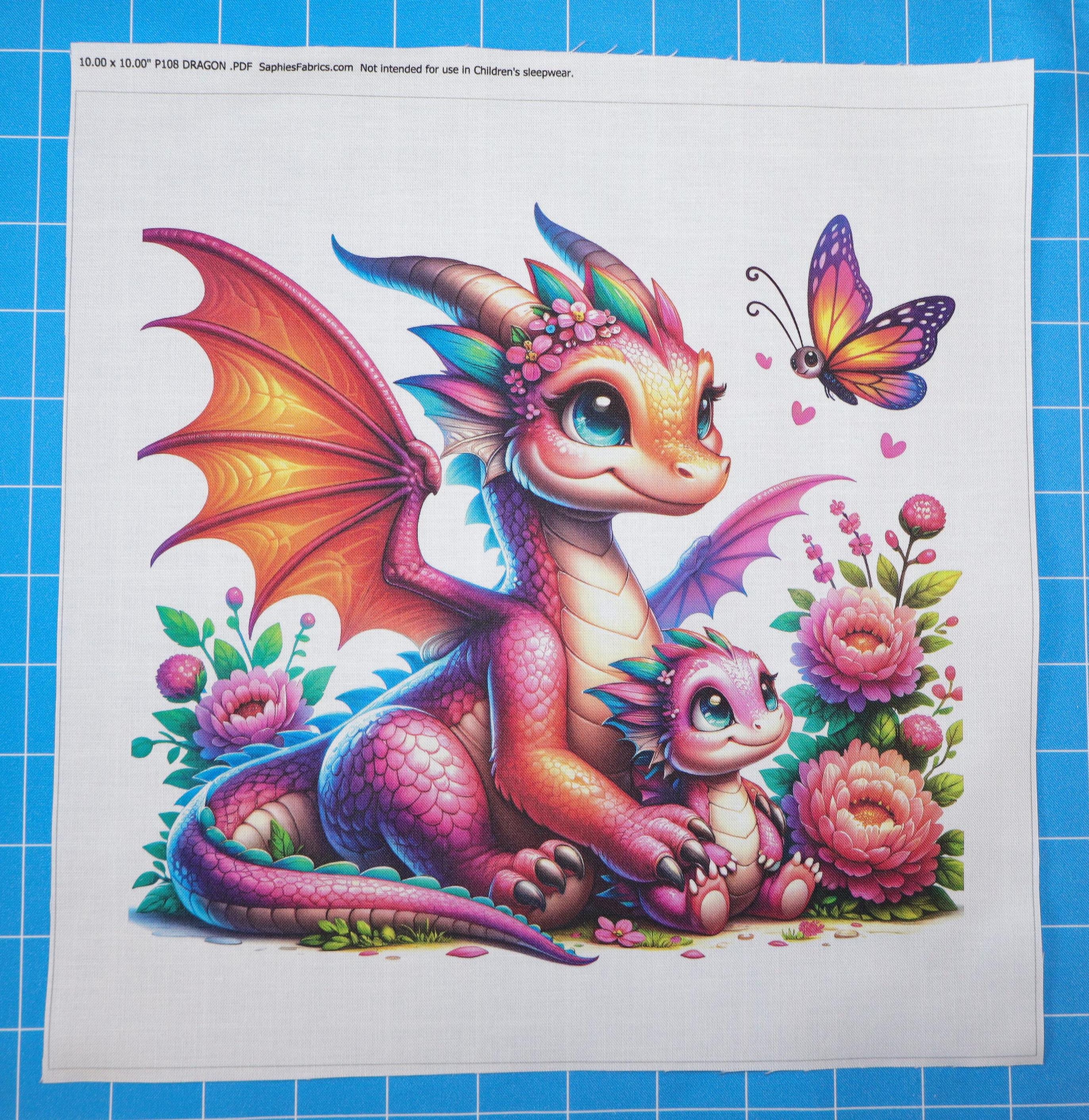 Dragon & Butterfly 100% Cotton Fabric Panel Block | Small Sewing Quilting Square P108