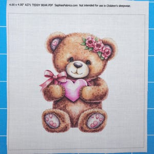 Teddy Bear Heart 100% Cotton Fabric Panel Block | Small Sewing Quilting ...