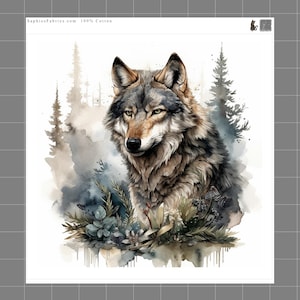 May include: A fabric panel featuring a watercolor illustration of a wolf surrounded by forest foliage and pine trees. The top border includes the text SaphiesFabrics.com 100% Cotton and a small cat icon. The wolf has grey, brown, and white fur.