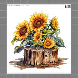 May include: A watercolor illustration of a cluster of bright yellow sunflowers with dark brown centers and green leaves emerging from a textured brown wooden tree stump. The text SaphiesFabrics.com 100% Cotton is printed in the top left corner.