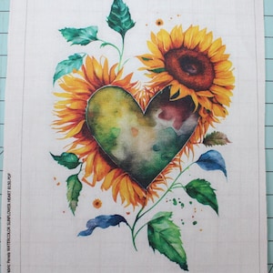 Watercolor Floral Sunflower Heart 100% Cotton Small Fabric Panel - Quilting Sewing Fabric Panel B150