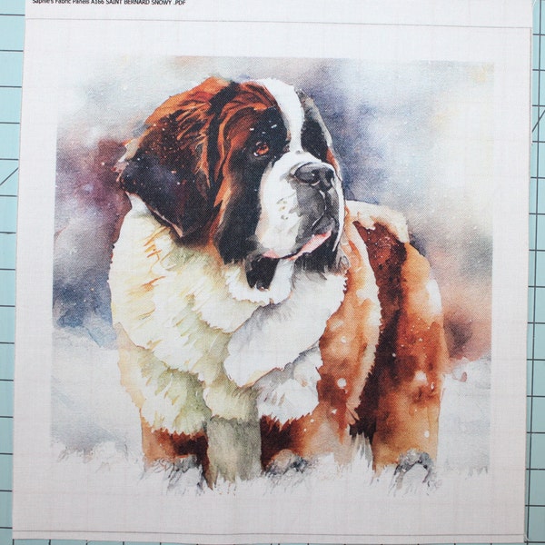 Snowy Saint Bernard Dog 100% Cotton Fabric Panel Square - Small Sewing Quilting Block A166
