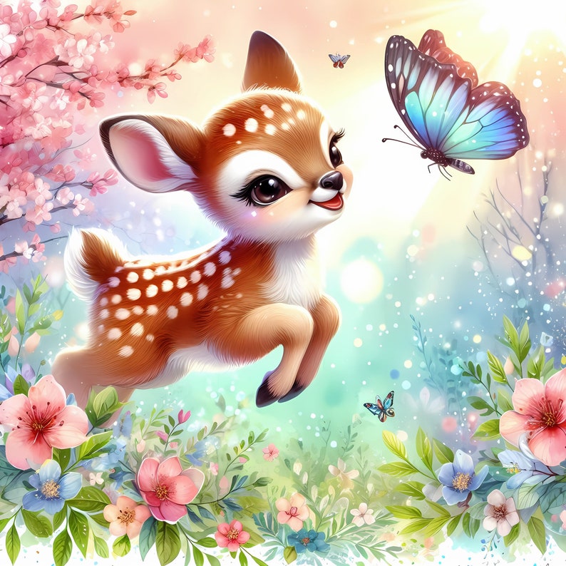 Fantasy Deer & Butterfly 100% Cotton Fabric Panel Square Small Sewing ...