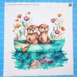 Otters in Boat 100% Cotton Fabric Panel Block | Small Sewing Quilting Square B56