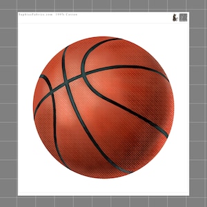 May include: A digitally rendered basketball, featuring a textured orange surface with black lines. The ball is centered on a white background. The text "SophiesFabrics.com 100% Cotton" is in the upper left corner.
