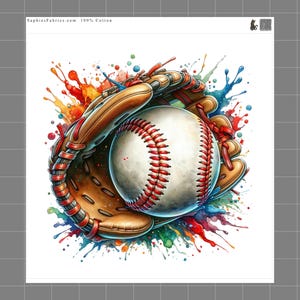 May include: Watercolor illustration of a baseball and mitt with colorful paint splatters. The baseball is white with red stitching, and the mitt is brown. The image has the text "SophiesFabrics.com 100% Cotton".