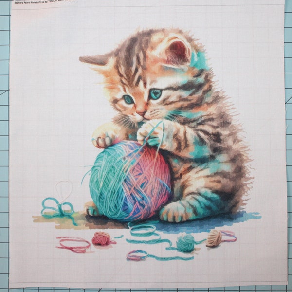 Kitty Cat Kitten With Yarn 100% Cotton Fabric Panel Square - Small Quilting Sewing Block D151