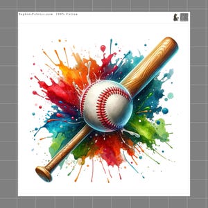 May include: A baseball and a wooden bat positioned diagonally against a vibrant, multi-colored paint splatter background. The baseball features prominent red stitching. The text SaphiesFabrics.com 100% Cotton is printed at the top.