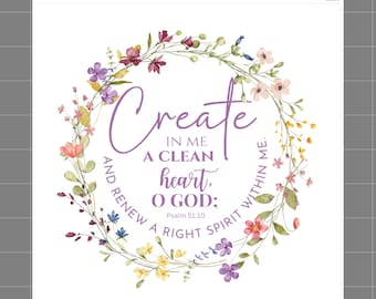 Psalm 51:10 Faith Scripture 100% Cotton Fabric Panel Block Quilt Square MBK140