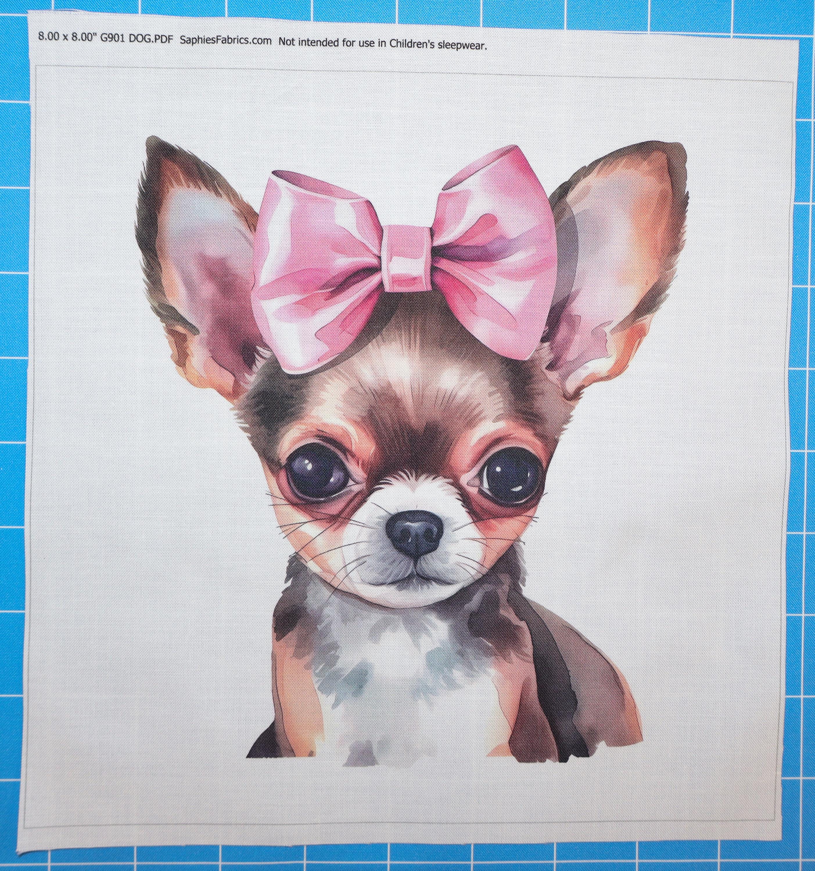 Chihuahua With Bow 100% Cotton Fabric Panel Block | Small