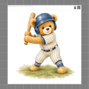 May include: A brown teddy bear wearing a blue baseball helmet and a white pinstriped baseball uniform with blue trim, holding a wooden baseball bat. The text SaphiesFabrics.com 100% Cotton is visible at the top of the white background.