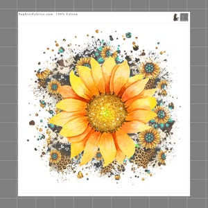 May include: A fabric print featuring a large central yellow sunflower with a glittery gold center, surrounded by smaller sunflowers, turquoise accents, and brown leopard print patterns on a white background, with text SaphiesFabrics.com 100% Cotton.