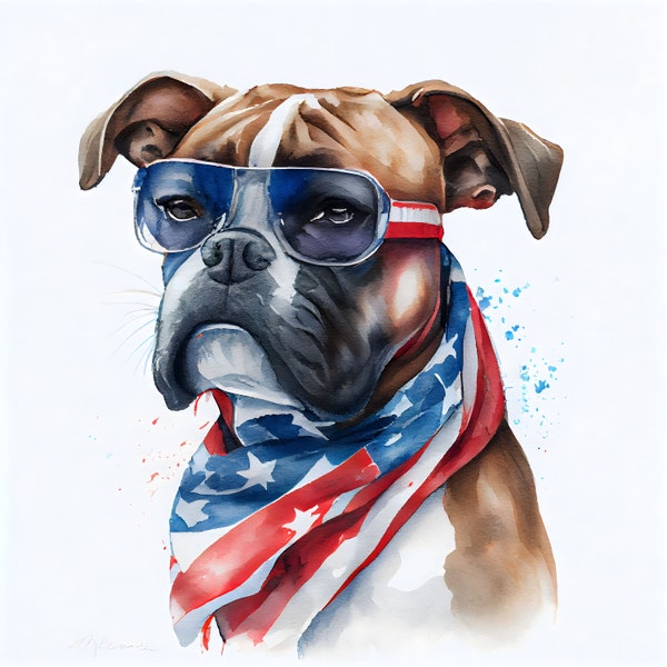 Red White Blue Patriotic Boxer Dog 100% Cotton Fabric Panel Square ~ Small Sewing Panel A413