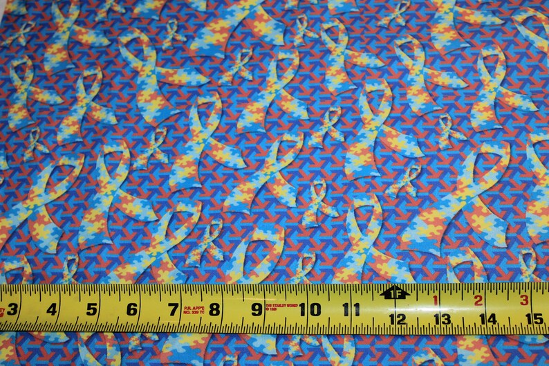 1 Half Yard 18 x 42 Puzzle Pieces Ribbons Autism Awareness Cotton Fabric DIY Mask Making
