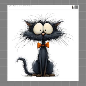 May include: A cartoon illustration of a black cat with large, expressive eyes and an orange bow tie. The cat has a fluffy appearance with long whiskers and is sitting upright. The text "SaphiesFabrics.com 100% Cotton" is in the upper left corner.