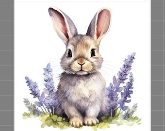 Puede incluir: Ilustración en acuarela de un conejo gris y marrón con orejas largas, sentado entre flores de lavanda moradas y follaje verde. La imagen tiene el texto "SophiesFabrics.com 100% Cotton".