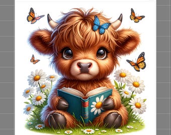 May include: A digital illustration of a fluffy brown Highland cow reading a book with a daisy on the cover. The cow is surrounded by daisies and butterflies. The text "SophiesFabrics.com 100% Cotton" is at the top.