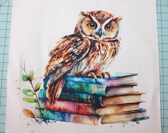 Owl & Books Reader 100% Cotton Fabric Panel Square - Small Quilting Sewing Block G90