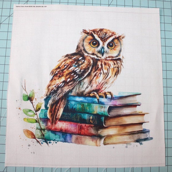 Owl & Books Reader 100% Cotton Fabric Panel Square - Small Quilting Sewing Block G90