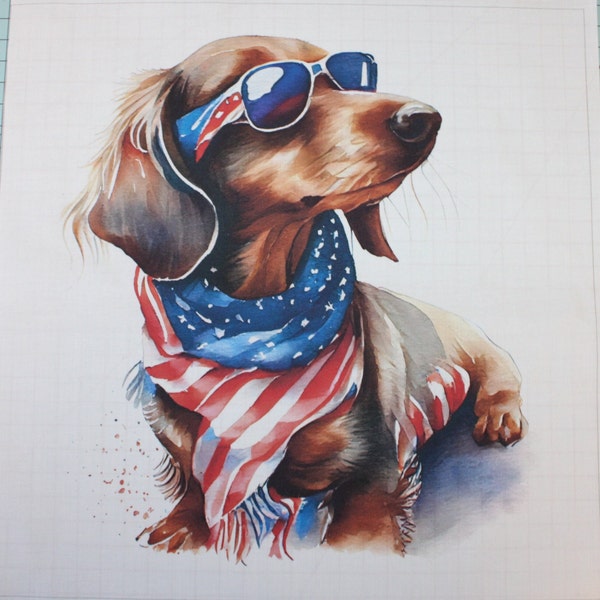 Red White Blue Patriotic Dachshund Dog 100% Cotton Fabric Panel Square - Small Quilting Sewing Block J719