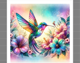 May include: A vibrant watercolor illustration of a hummingbird with iridescent wings, surrounded by colorful hibiscus flowers and foliage. The image has a soft, dreamy quality with a rainbow color palette. The text "SaphiesFabrics.com 100% Cotton" is visible.
