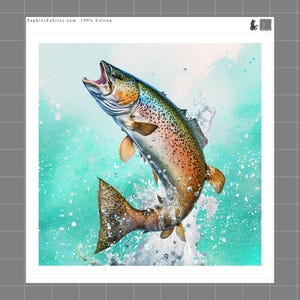 May include: A piece of 100% cotton fabric featuring a colorful trout leaping out of turquoise water with splashing droplets. The fish has a spotted body, open mouth, and orange-tinted fins. The top border includes the text SaphiesFabrics.com.