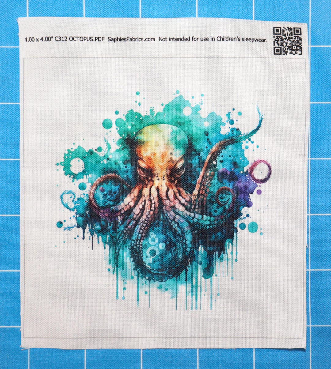 Octopus Fa Ric Panel Octopus 100% Cotton Fabric Panel Block | Small Sewing Quilting Square ...