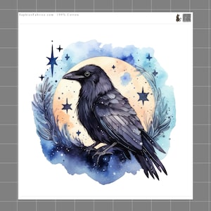 May include: A fabric panel featuring a black raven perched against a large pale yellow moon, surrounded by blue watercolor splashes, dark blue stars, and leafy sprigs. The top left corner displays the text SaphiesFabrics.com 100% Cotton.