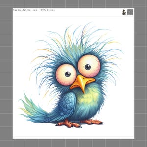 May include: A whimsical cartoon bird with large, expressive eyes and a bright orange beak. The bird's feathers are a mix of blue, green, and yellow, with spiky tufts of hair. The image includes the text "SaphiesFabrics.com 100% Cotton".