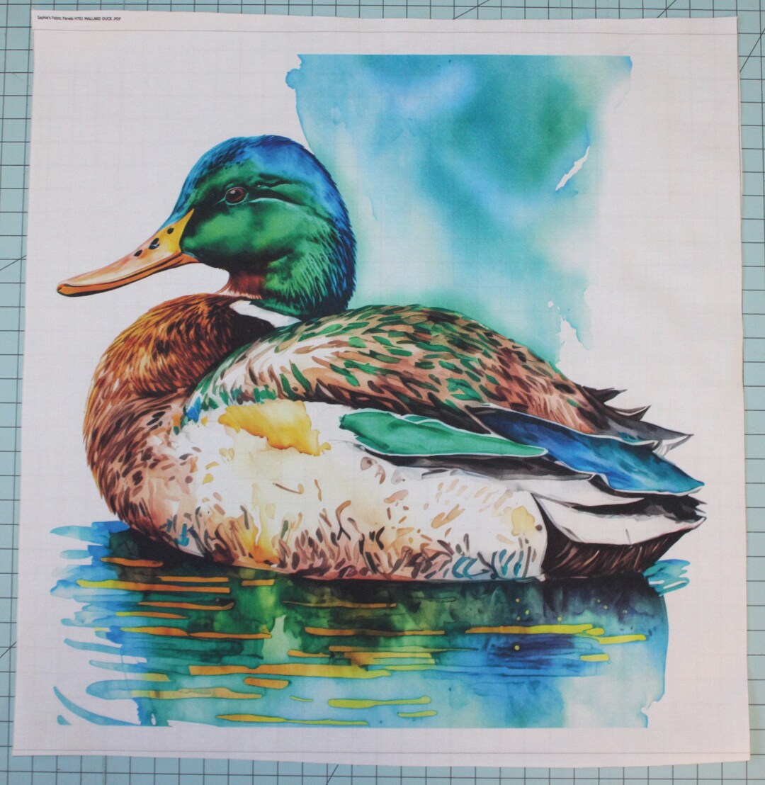 Watercolor Mallard Duck 100 Cotton Small Fabric Panel Square Quilting