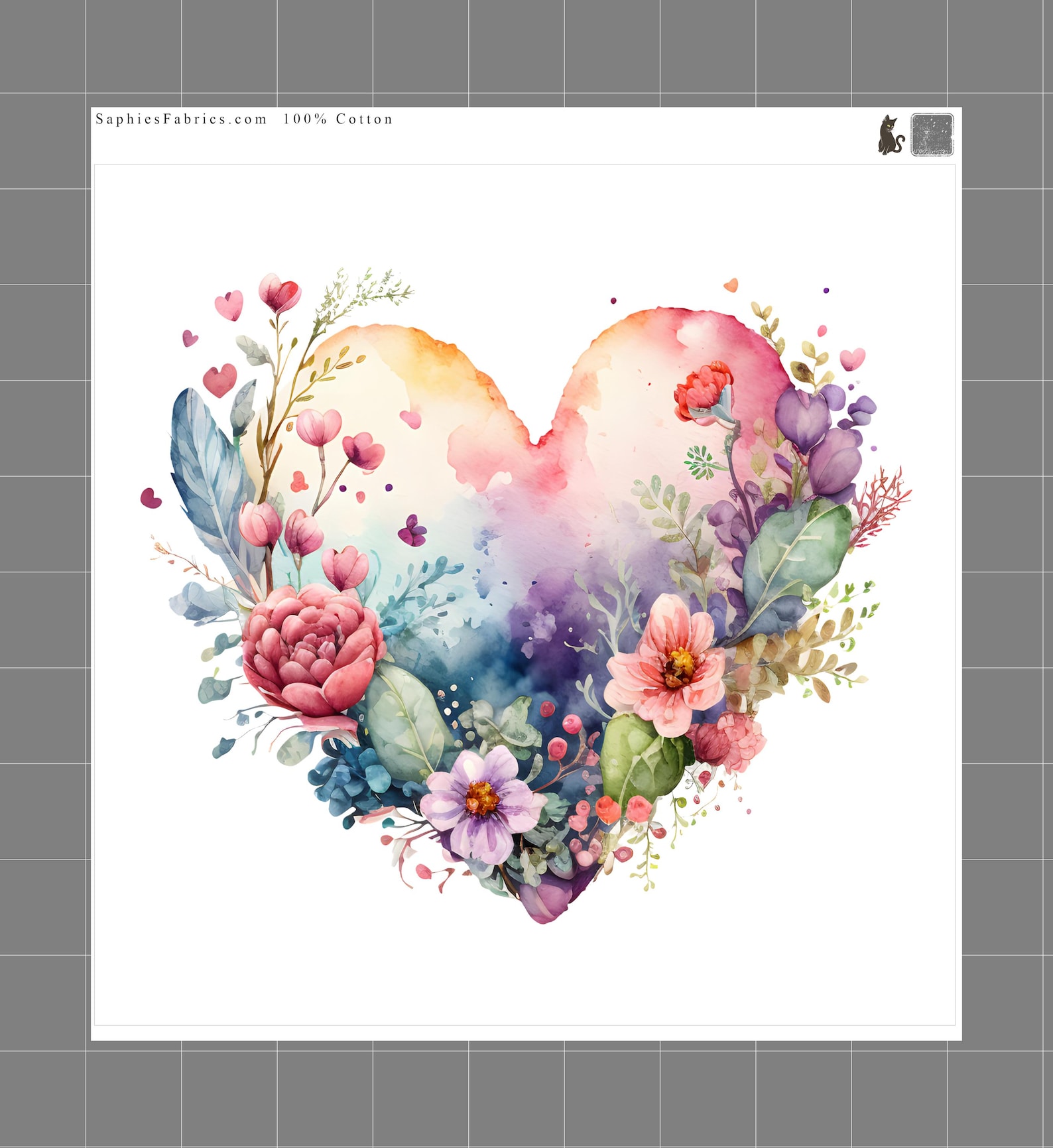 Heart Floral 100% Cotton Fabric Panel Block | Small Quilting Sewing ...