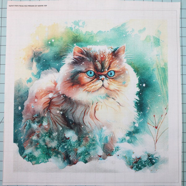 Winter Snowy Persian Cat 100% Cotton Fabric Panel Square - Small Sewing Quilting Block H523