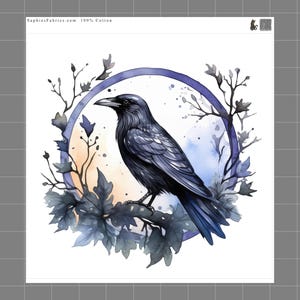 May include: A fabric panel featuring a black raven perched on a branch within a circular frame. The background has watercolor washes of blue and orange. The text SaphiesFabrics.com 100% Cotton is printed in the top left corner of the white border.