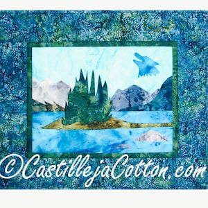 Spirit Island Mountains Trees Lake Wolf Quilt Pattern Digital .PDF Download~ Fusible Applique 18.5x15.5"