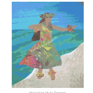 Cross Stitch Pattern Hawaiian HULA DANCER Dancing on Beach by Ocean~ Hula Girl Tropical Beach Digital PDF Instant File to Download and Print