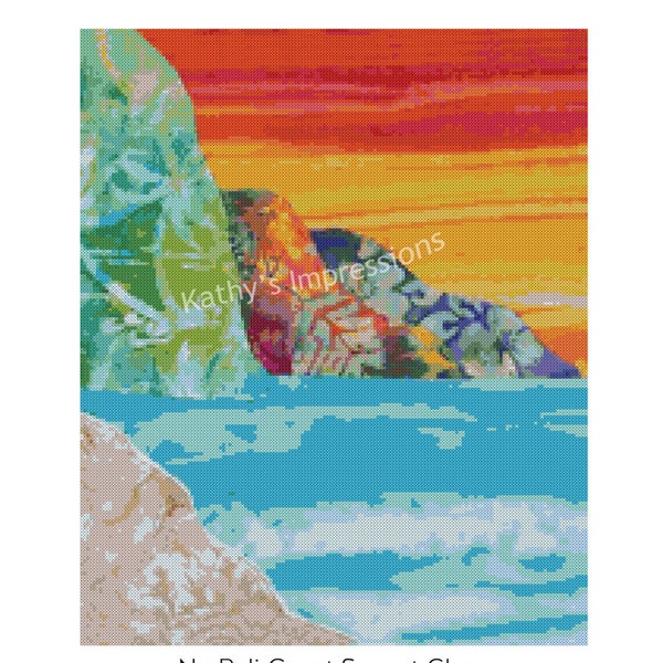 Kreuzstich Muster Hawaiian Kauai NA PALI Coast Sunset Glow ~ Tropical Beach Batik Sunset Digital PDF Instant File zum Herunterladen und Drucken
