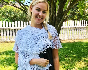 Handmade White Crochet Scarf, Long Scalloped Shawl (96")