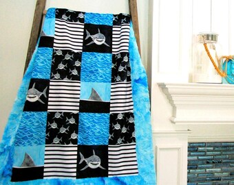 Boys Shark Luxe Minky Blanket, Blue Ocean Coastal Beach Patchwork, Sea Life Nursery, Handmade Baby Shower Gift, Nautical Toddler Birthday