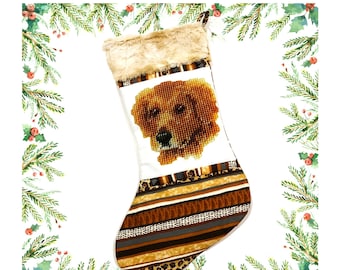 Golden Retriever Dog Quilted Christmas Stocking: Beige Minky & Cotton, Look of Cross Stitch